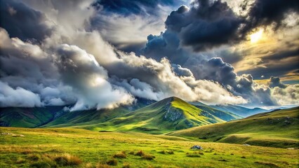 Wall Mural - Cloudy hills in the mountain landscape, clouds, mist, fog, hills, mountains, nature, scenic, tranquil, atmosphere