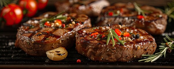 Poster - Juicy grilled steak seasoned with spices and herbs, garnished with vegetables, ready to serve for a delicious meal.