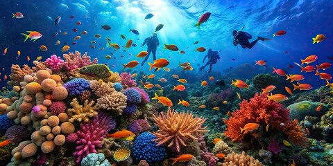 Wall Mural - Divers exploring a colorful underwater reef teeming with fish and vibrant corals, diving, underwater, reef, fish, corals