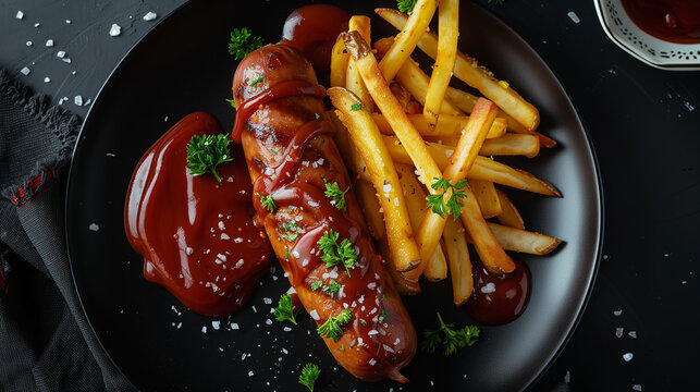 A plate of food with a sausage and fries