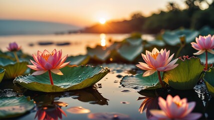 Sticker - Lotus Flowers Blooming in a Pond at Sunset.