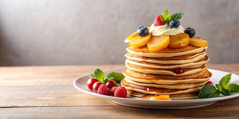 Wall Mural - Delicious pancake stack with fresh cream, honey, and fruits on top, pancake, breakfast, delicious, food, stack, fresh cream, honey