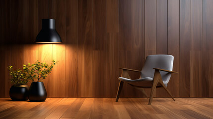 Retro style dark wood wall panelling with a retro chair and a plant in a pot lit by a spotlight