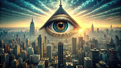Dystopian of a city under big brother mass surveillance with no privacy and an all-seeing eye