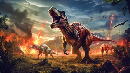 Poster - A scene from prehistory. Dinosaurs before extinction