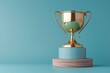 © Tackey - Golden trophy on a pedestal against a blue background, symbolizing victory, achievement, and excellence in competition or accomplishment. 3D Illustration.