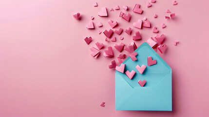 Pink origami hearts exploding out of a blue envelope on a pink background.