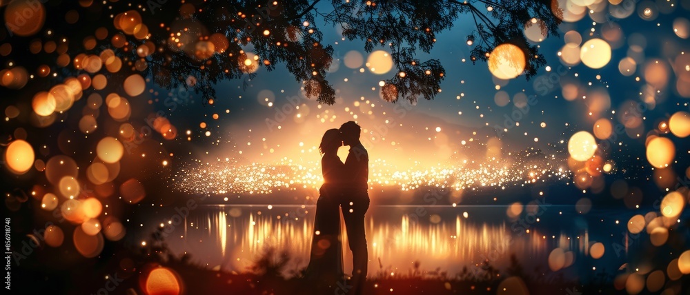 Silhouetted couple embraces under a starry night sky with the Milky Way ...