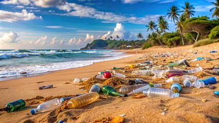 Wall Mural - Plastic pollution on Sri Lankan beach, bottles and garbage on sand near ocean , Sri Lanka, beach, pollution