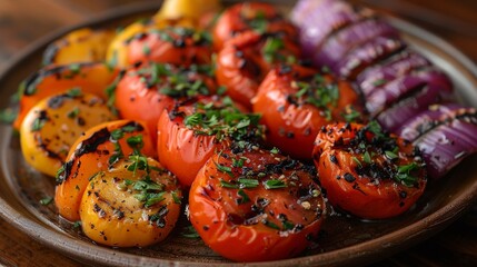 Wall Mural - Vibrant image of seasoned grilled tomatoes and onions, perfect for culinary themes