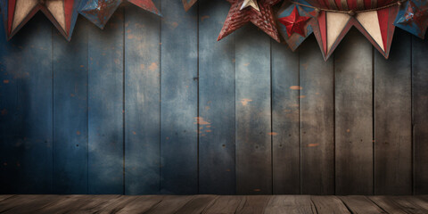 Patriotic red white and blue bunting and stars on a rustic wooden background