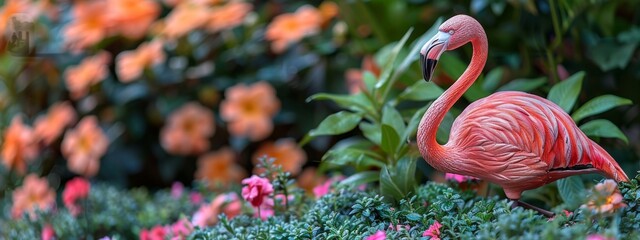 Wall Mural - A lush pink flamingo garden ornament nestled among green shrubs and colorful flowers, adding a touch of whimsy to the landscape.