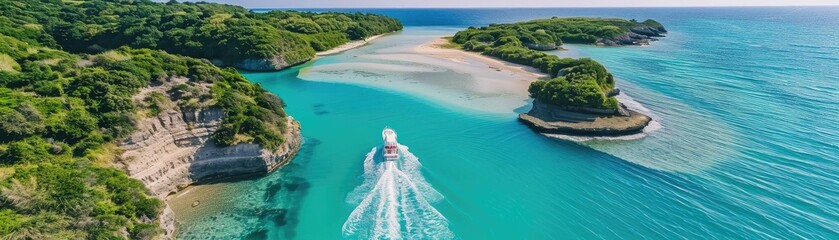 Aerial view of a boat cruising in turquoise waters between lush green islands on a sunny day, showcasing beautiful coastal scenery.