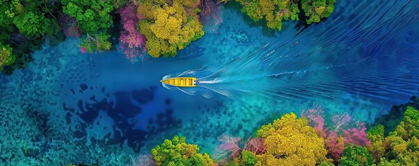 Poster - Aerial view of a yellow boat cruising through vibrant blue water, surrounded by lush green and colorful foliage. Perfect for travel inspiration.