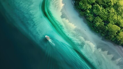 Poster - Aerial view of a boat cruising on a pristine turquoise sea near a lush green coastline with sandy beach, leaving a wake in the water.