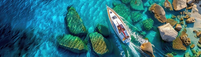 Poster - Aerial view of a boat sailing through crystal clear blue waters with large rocks visible beneath the surface. Ideal for travel and adventure themes.