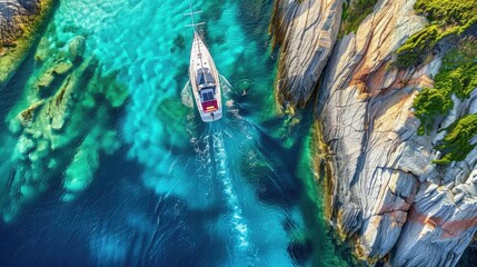 Wall Mural - Aerial view of a boat sailing through clear blue waters next to rocky cliffs. Vibrant seascape with stunning natural rock formations.