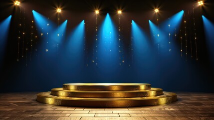 An illuminated stage with golden steps and vibrant blue spotlights against a dark background, surrounded by star-like decorations, creating a glamorous atmosphere.