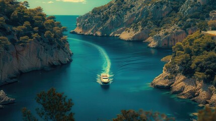 Poster - A boat sailing through a serene blue canyon surrounded by lush green hills and rocky cliffs under a clear sky.