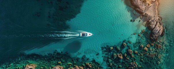 Wall Mural - Aerial view of a boat cruising through crystal clear turquoise waters near rocky coastal terrain on a sunny day.