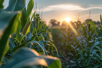 Poster - Sun sets over a verdant cornfield, casting a warm glow across the corn stalks, creating a serene and picturesque rural landscape.