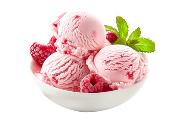 Scoops of sweet and creamy raspberry flavored pink ice cream isolated on white transparent background