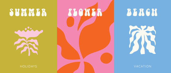 Aufkleber - Vector illustration in simple wavy and groovy naive style, flowers and plants, floral frames and modern wall art prints, posters, placards, packaging with copy space for text
