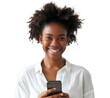 © YauheniyaA - Portrait of a smiling casual woman holding smartphone over transparent background