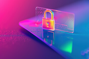 Poster - Golden padlock is securing a credit card with chip and numbers, reflecting on a surface, in a concept of online payment security and data encryption