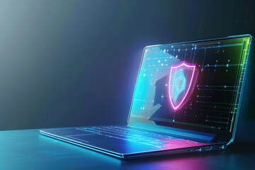 Poster - laptop is displaying a glowing shield icon, representing data protection and cybersecurity measures 