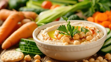 Freshly made hummus with a variety of dipping vegetables, healthy snacks, plantbased diet