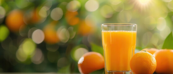 Freshly squeezed orange juice in a glass with oranges in the background, vitamin C, health drink