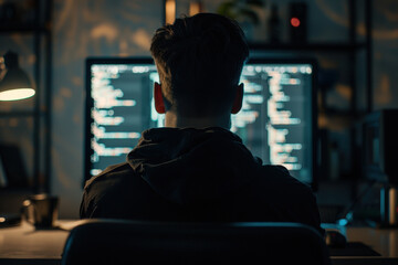 Poster - Skilled hacker steals data from a server at night, using advanced technology to breach security measures and commit data theft