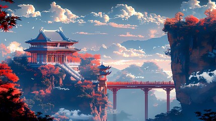 Colorful traditional Chinese ancient architecture illustration poster background