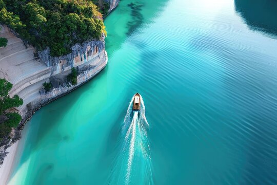 Aerial view of a boat cruising through clear turquoise waters along a rocky coast with lush green foliage, creating a serene and picturesque scene.