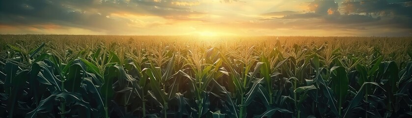 Poster - A serene sunrise over a vast green cornfield, offering a tranquil view of nature's beauty and the promise of a new day.