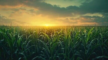 Poster - A serene view of a lush green cornfield under a dramatic sunset sky, showcasing the beauty of nature and agriculture.