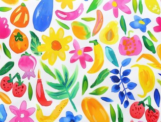 Wall Mural - Colorful pattern of fruits and vegetables on white background for art and nutrition concept
