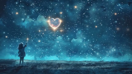 Woman standing in front of heart shaped star in night sky with moon and stars, beauty and magic of the night trip