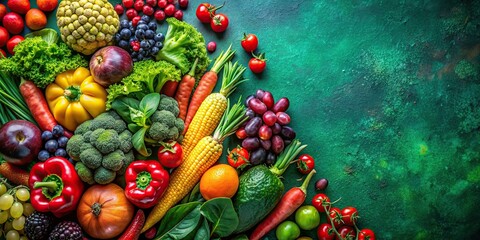 Wall Mural - Colorful assortment of fresh fruits, vegetables, and berries on a dark green surface, healthy, vibrant