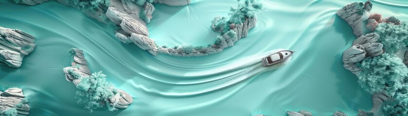Poster - Aerial view of a boat navigating through winding turquoise waters surrounded by rocky formations and lush greenery.