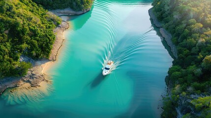 Poster - Aerial view of a boat cruising through a serene turquoise river bordered by lush green forests and sandy shores.