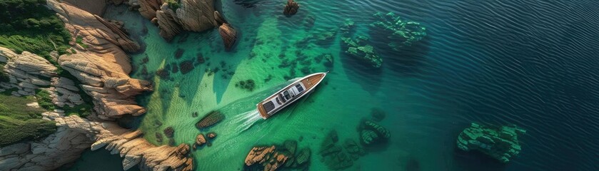 Wall Mural - Aerial view of a boat cruising through clear turquoise waters near rocky cliffs and lush greenery, creating a picturesque coastal scene.
