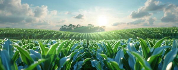 Aufkleber - Vibrant green agricultural field under a bright sunrise with lush crops and a dynamic sky full of clouds. Morning farm landscape.