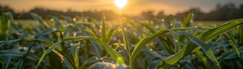 Aufkleber - Beautiful sunrise over a lush green field with fresh dew drops on leaves, capturing the serene essence of nature in early morning light.