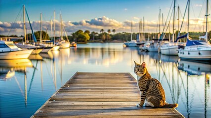 Cat sitting on a jetty at the Brunswick Heads Marina with boats in the background, cat, feline, pet, jetty, marina, Brunswick Heads