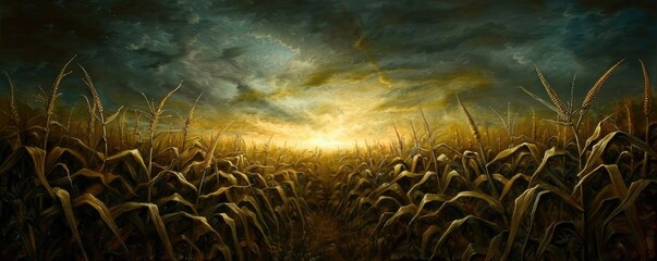 Poster - A dramatic sunset over a dense cornfield, with golden hour light illuminating the sky and creating a surreal, almost mystical atmosphere.
