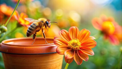 Adorable bee carrying bucket of honey foraging in garden near large flower, bee, cute, honey, foraging, garden, flower, bucket