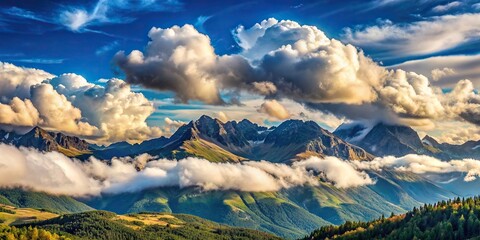 Wall Mural - Mountain landscape with fluffy clouds in the sky, mountain, clouds, landscape, scenic, nature, outdoors, serene