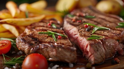 Poster - Delicious grilled steak with herbs, cherry tomatoes, and fries, perfect for a hearty meal.